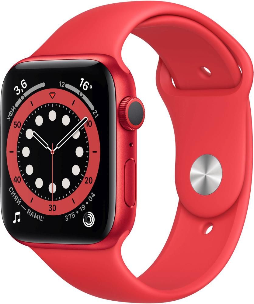 Apple Watch Series 6 GPS, 44 mm, алюминий красный, спортивный ремешок красного цвета— фото №0