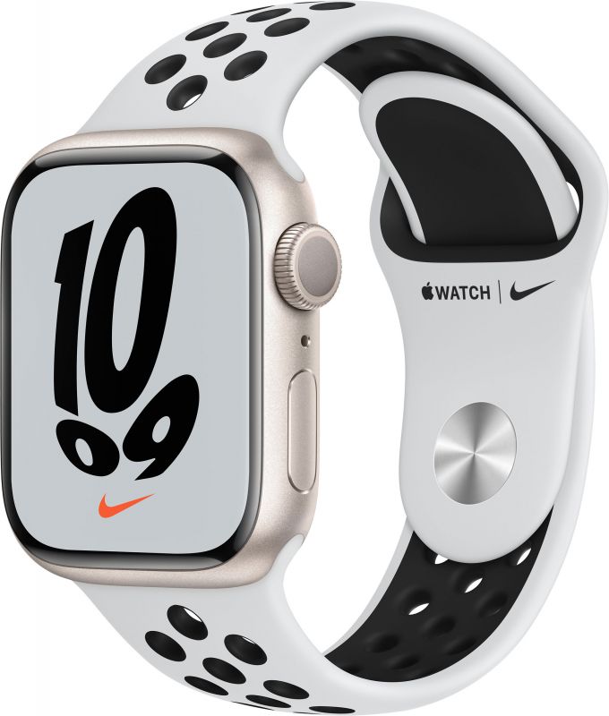 Apple Watch Nike Series 7 GPS 41mm (корпус - сияющая звезда, спортивный ремешок Nike цвета чистая платина/черный, IP67/WR50)— фото №0