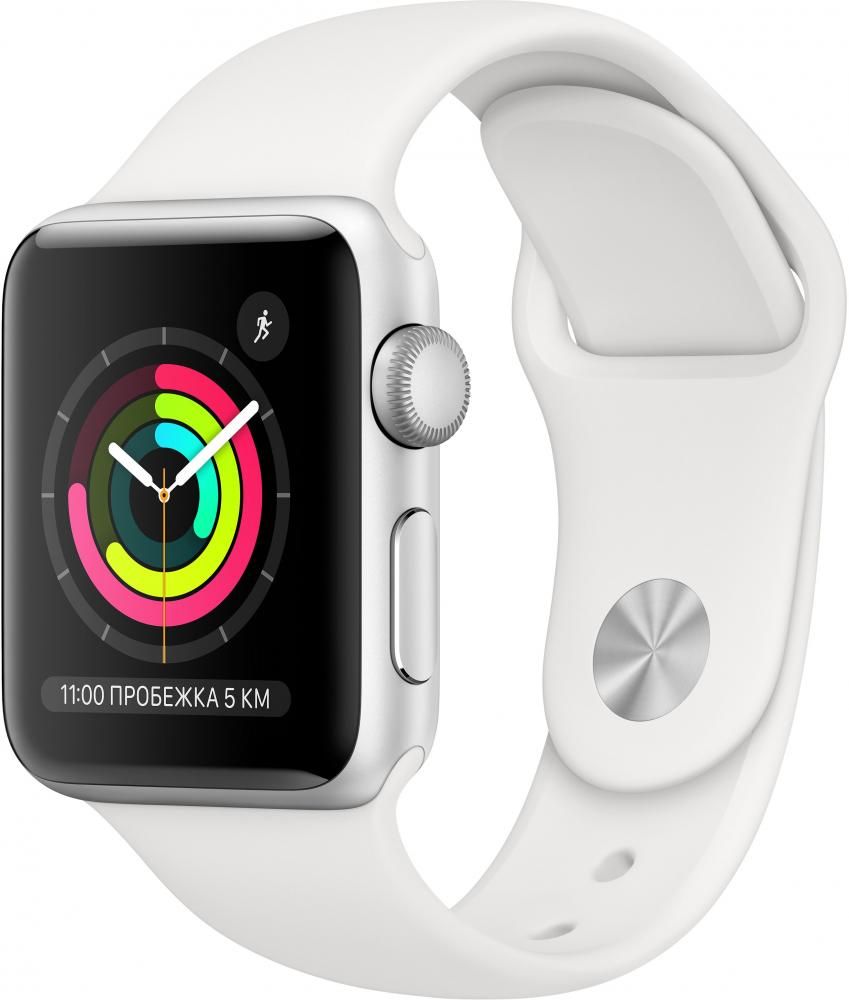 Apple Watch Series 3 GPS 38mm (корпус - серебристый, белый спортивный ремешок)— фото №0