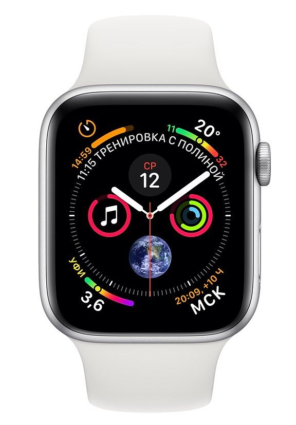 Apple Watch Series 4 (MU6A2RU/A) - 44 мм, серебристый алюминий, белый спортивный ремешок— фото №1