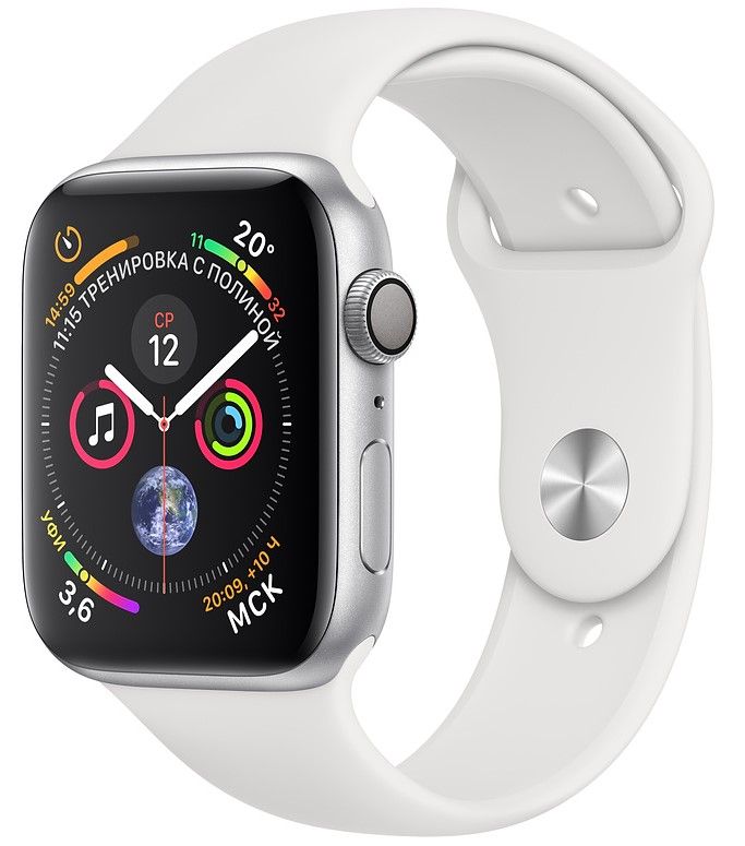 Apple Watch Series 4 (MU6A2RU/A) - 44 мм, серебристый алюминий, белый спортивный ремешок— фото №0